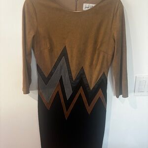 Joseph Ribkoff Chevron Vegan Leather Dress • Size 6 • Brown/Gray/Black/Toffee •